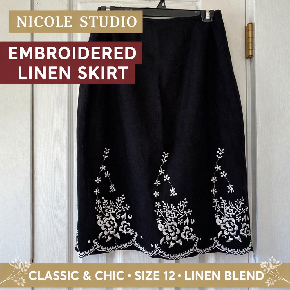 Nicole Studio Black Linen Blend‎ Embroidered Skirt Size 12 Floral Hem Vintage
